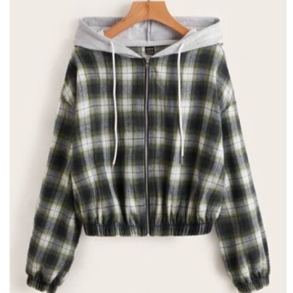 Tartan print drop shoulder drawstring hooded jacket size small